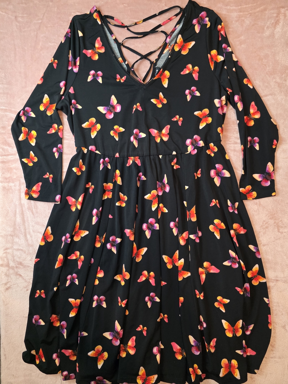 torrid Black Long-Sleeve Butterfly-Print Crisscross Dress